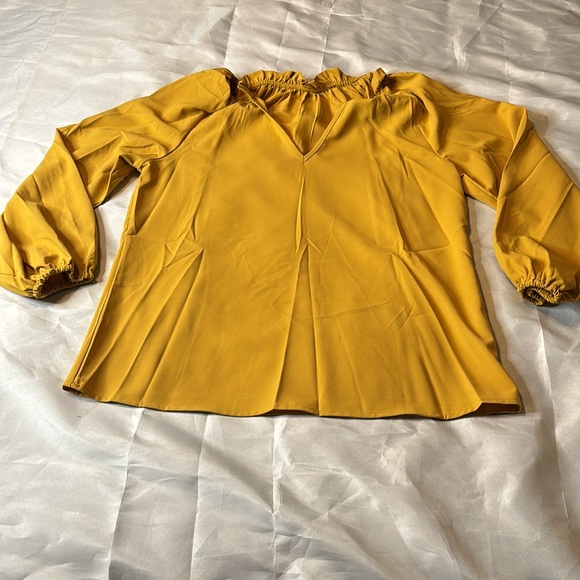 Long Sleeve Shirt Gold Women V Neck Casual Loose Chiffon Blouses Tunic Fall Tops - Picture 2 of 3